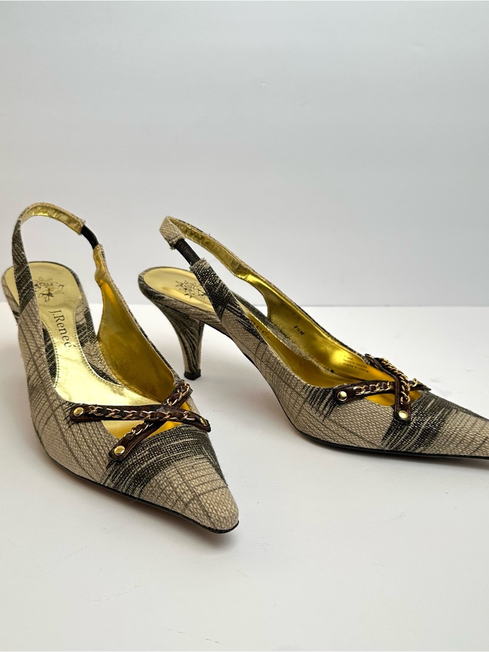 J. Renee Beige Plaid Pointed Slingback Heels Gold Trim Pumps | Size 9.5M
